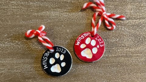 Two paw print ornaments in the color black an red