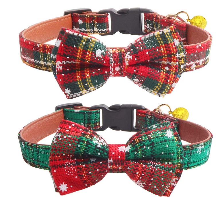 two plaid dog collars with bow ties