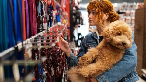 Redheaded woman carries goldendoodle while leash shopping