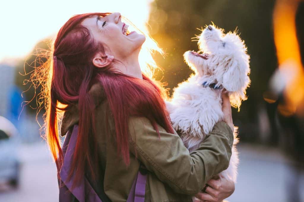 An owner and dog laughing together