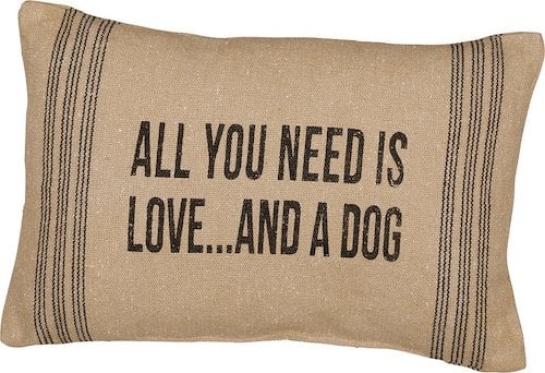 Pillow reading "all you need is love...and a dog"