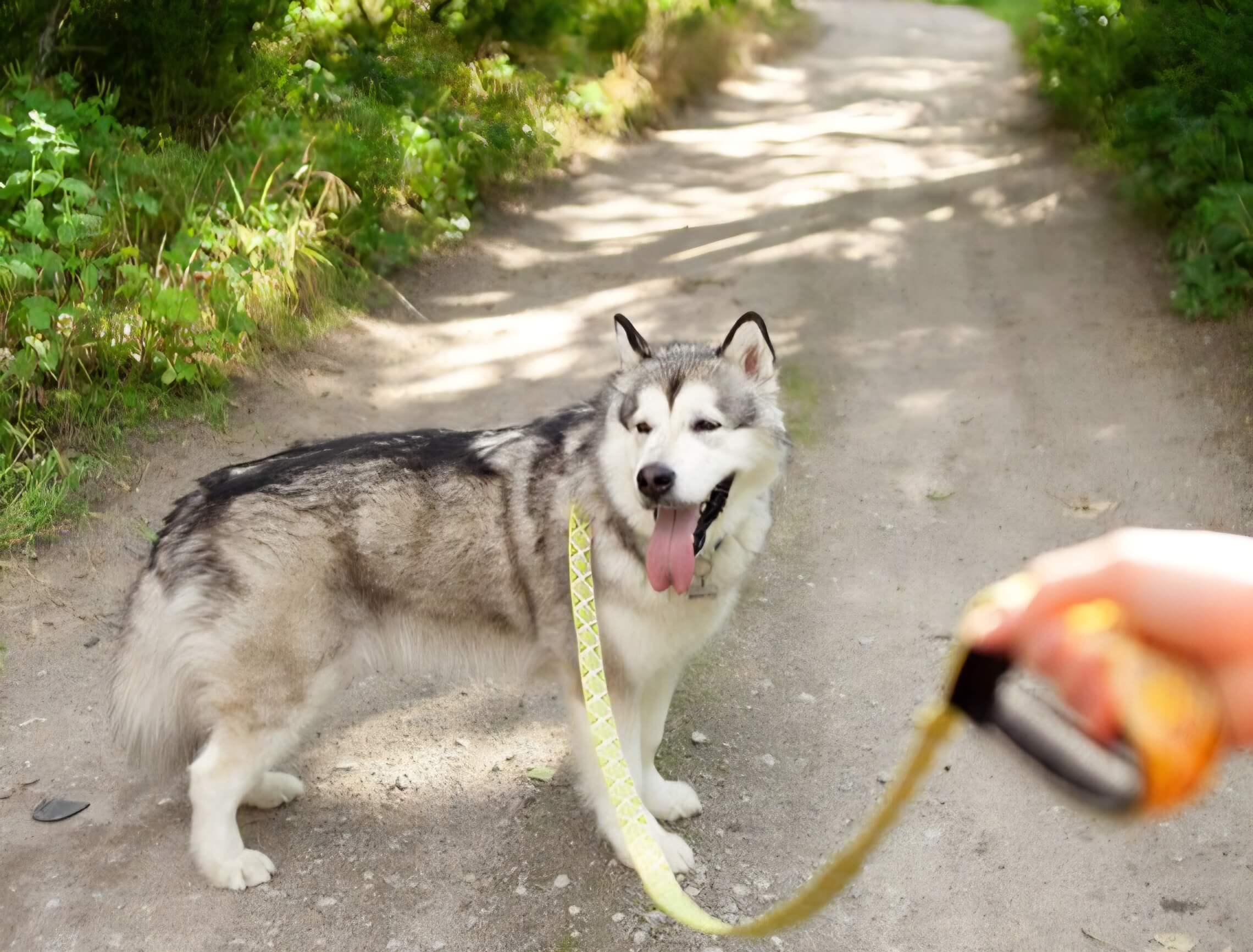 Taking Malamute for a walk on a trail