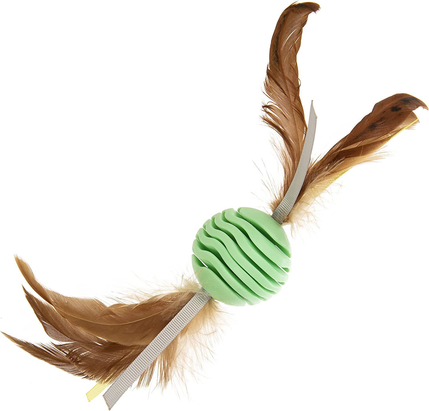 ball cat toy with feathers and ribbon 