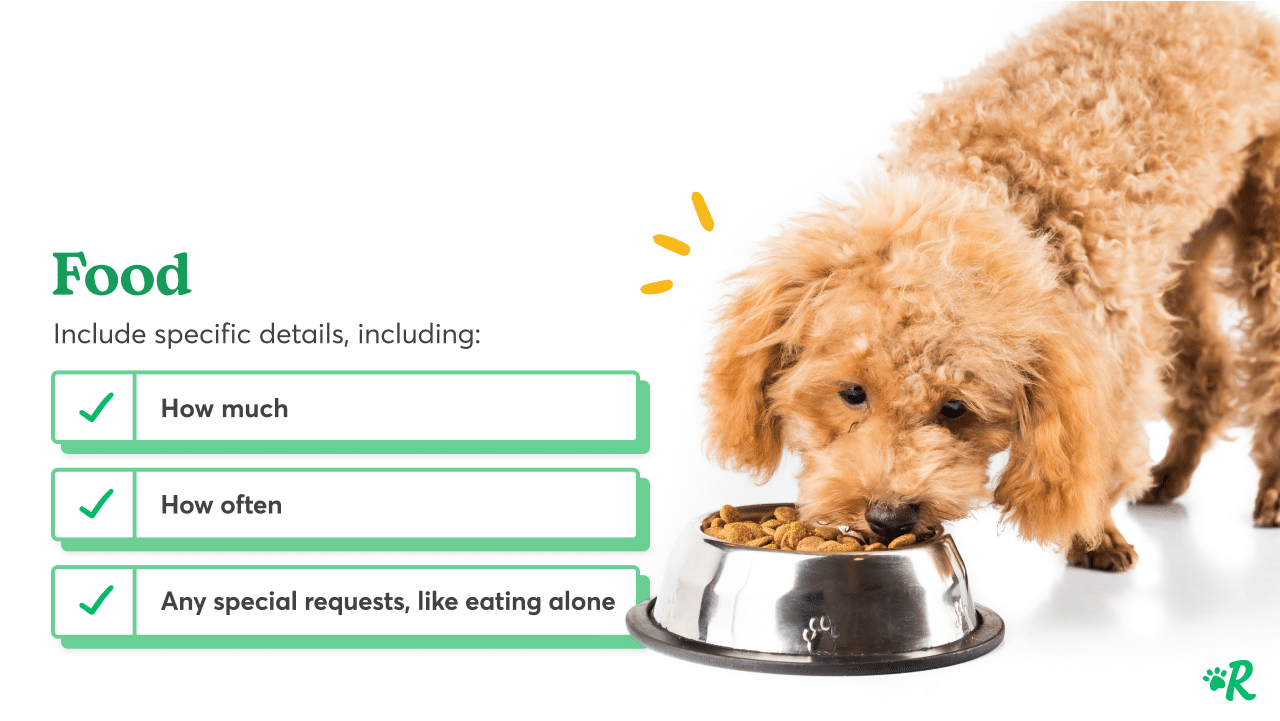Food checklist for dog sitter, with image of dog eating from bowl