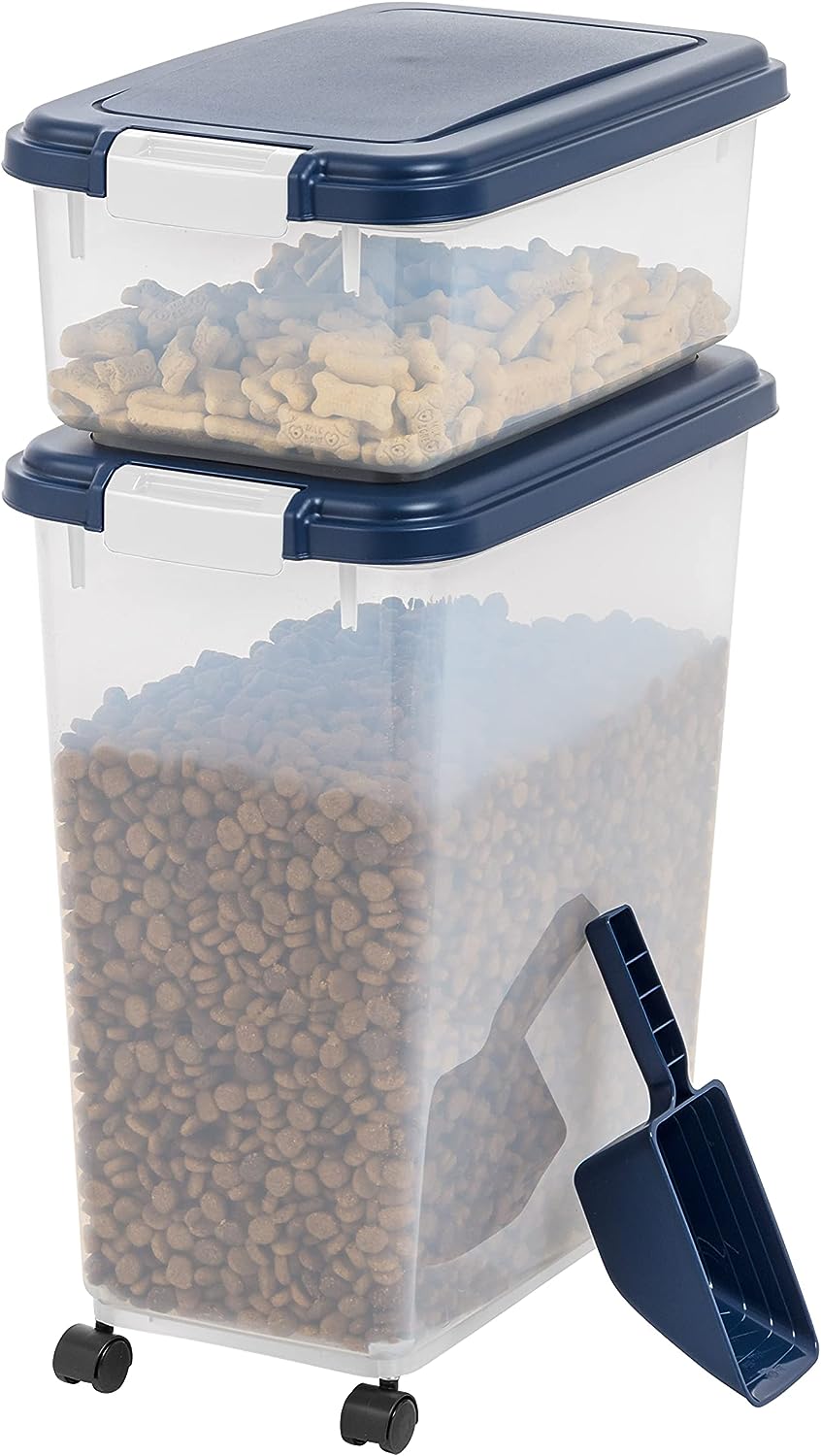 stacked set of dog food containers on wheels