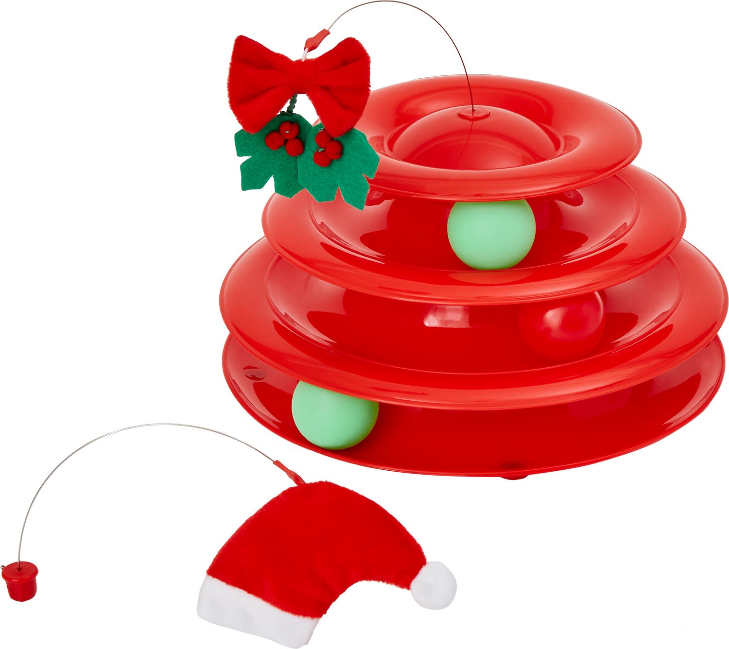 holiday ball chasing tower in red and green
