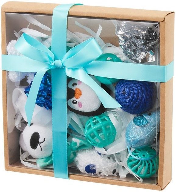 gift box of blue and white cat toys