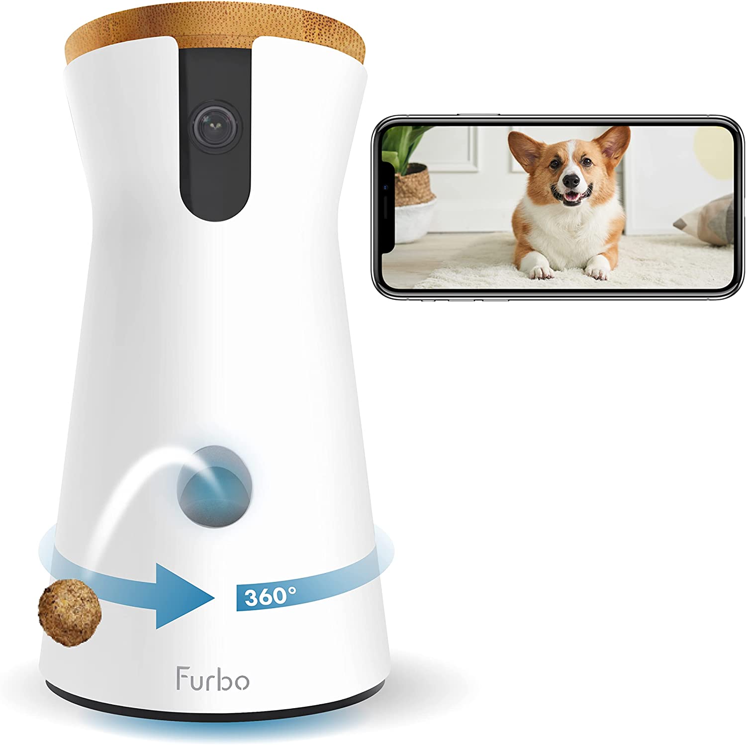 Furbo 360 with smartphone displayed next to it