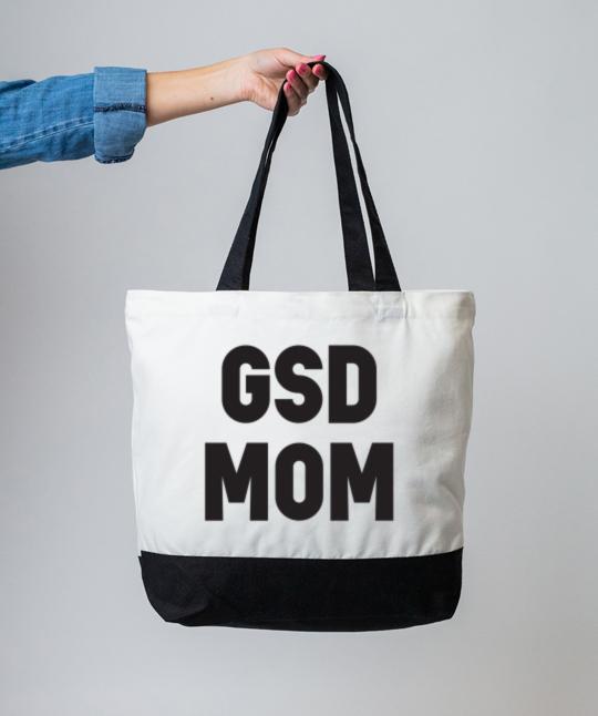 Black and White Tote with GSD Mom printed on it