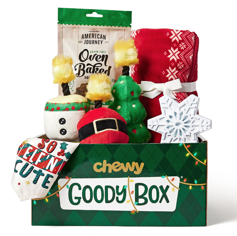 Goody Box from Chewy with treats and festive plush toys