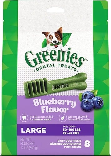 Green and white bag of blueberry dog dental treats