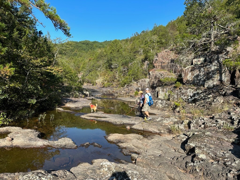 Two people and a Lab mix wearing the Ruffwear Hitch Hiker Leash at a river bed. 