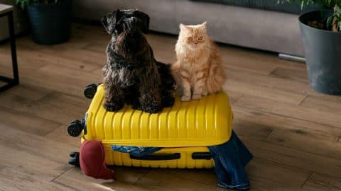 Dog and cat sitting on suitcase in a home