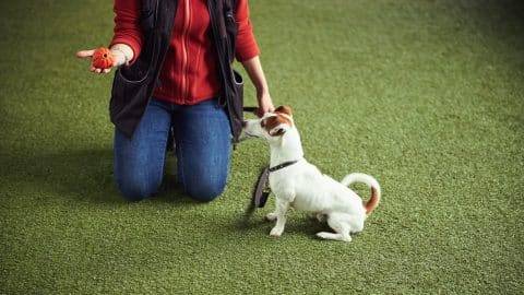 Attentive Jack Russell Terrier sits on synthetic turf close to a trainer