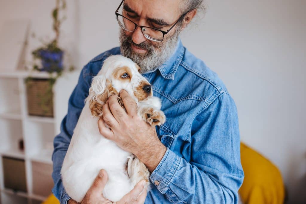 Älterer Mann, der sein neues süßes Haustier zu Hause trägt und umarmt