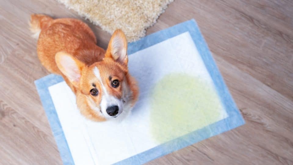 Corgi puppy sits on a pee pad, in the middle of potty training