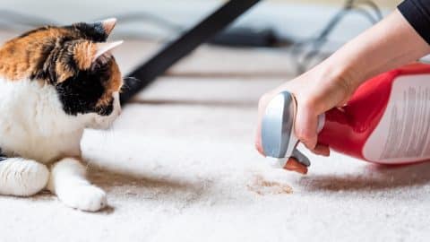Woman cleaning up hairball stain on carpet while cat looks on