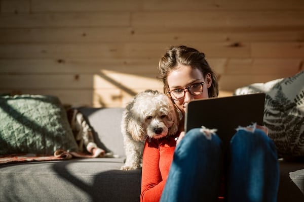 Dog and woman looking at tablet together on couch