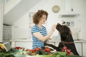 Cheerful young redhead woman with curly hair, giving her dog a vegetable in the kitchen