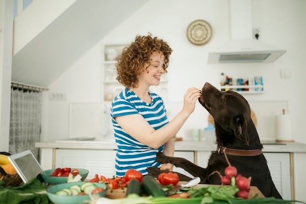 Cheerful young redhead woman with curly hair, giving her dog a vegetable in the kitchen