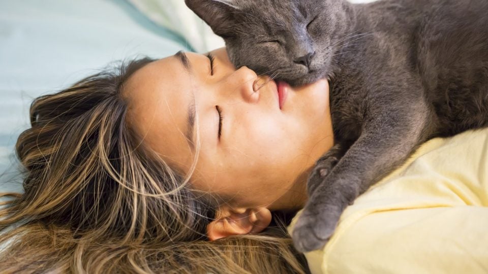 a young girl snuggles with her grey cat