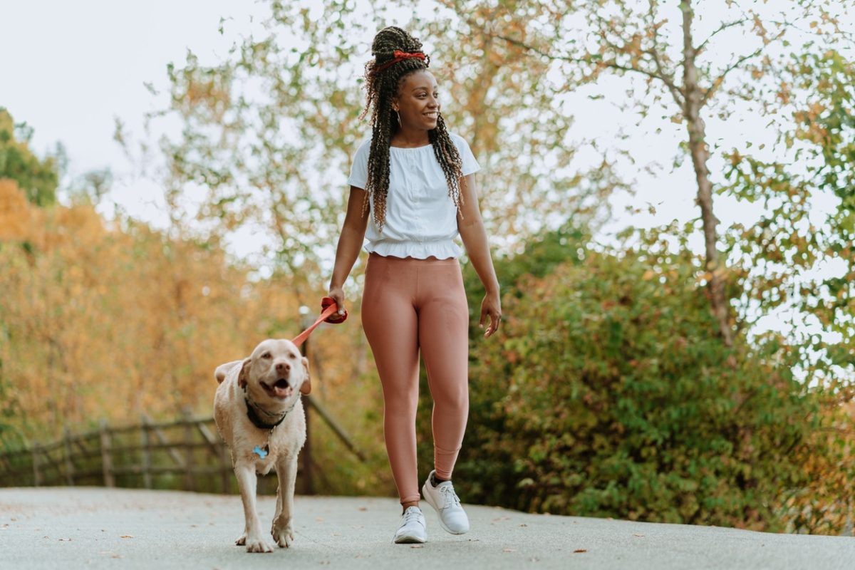 young woman walking her yellow lab on leash in the park