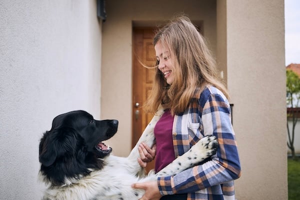 Dog jumping up to greet teenage girl