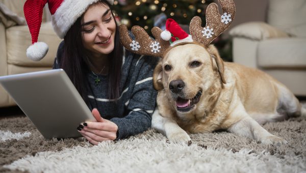 Woman sits with holiday-decorated dog