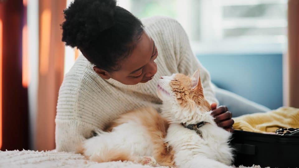 Beautiful young woman being affectionate with her cat at home