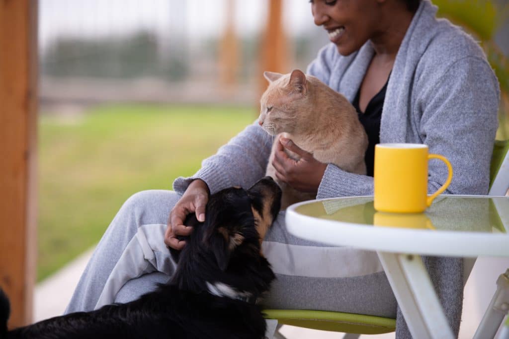 Woman sitting with her cat and dog on backyard balcony, drinking coffee.