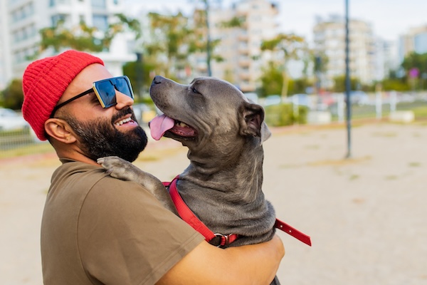 portrait of happy man in red hat and sunglasses hugging american terrier in park