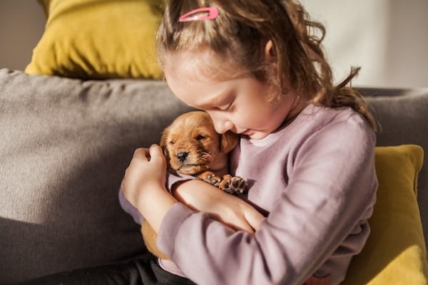 Close up of young girl with her puppy at home