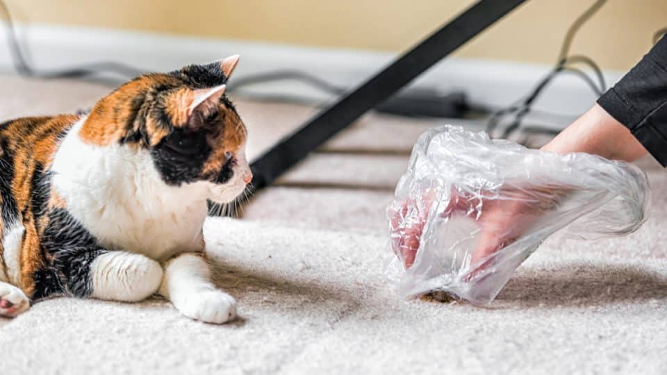 Calico cat looking at mess on carpet inside house home with hairball vomit stain and woman owner cleaning picking up waste with plastic bag