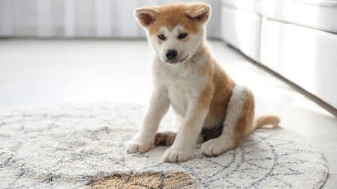 Puppy looks at stain on carpet