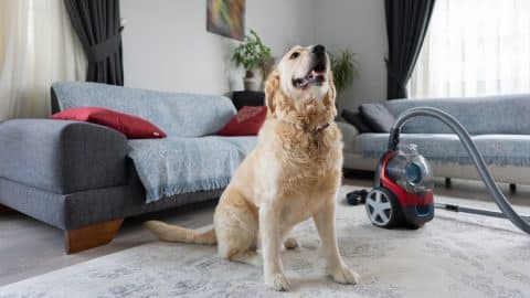 Dog sitting next to carpet cleaner in living room