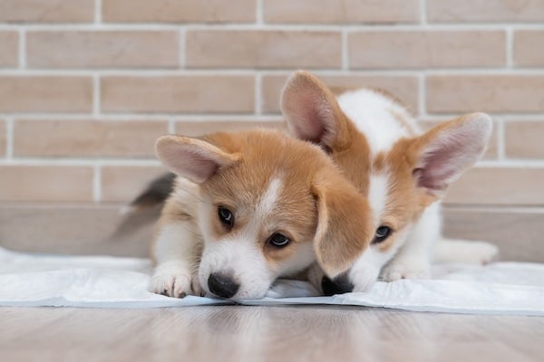 Two pembroke corgi puppies on a disposable pee pad