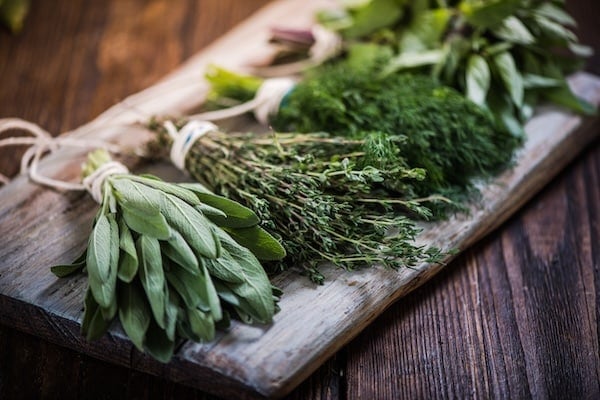 Basil, sage, dill, and thyme herbs on wooden board preparing for winter drying