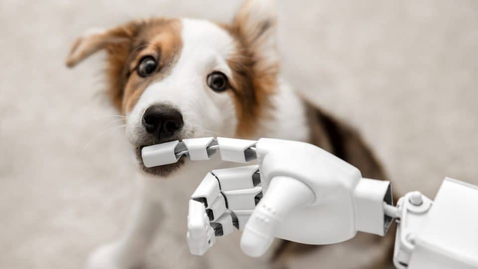 cyborg or robot hand is holding his finger to a puppy, sitting on the floor