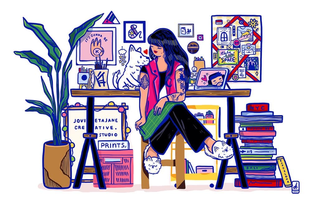 Illustration of an artist sitting in her workspace 