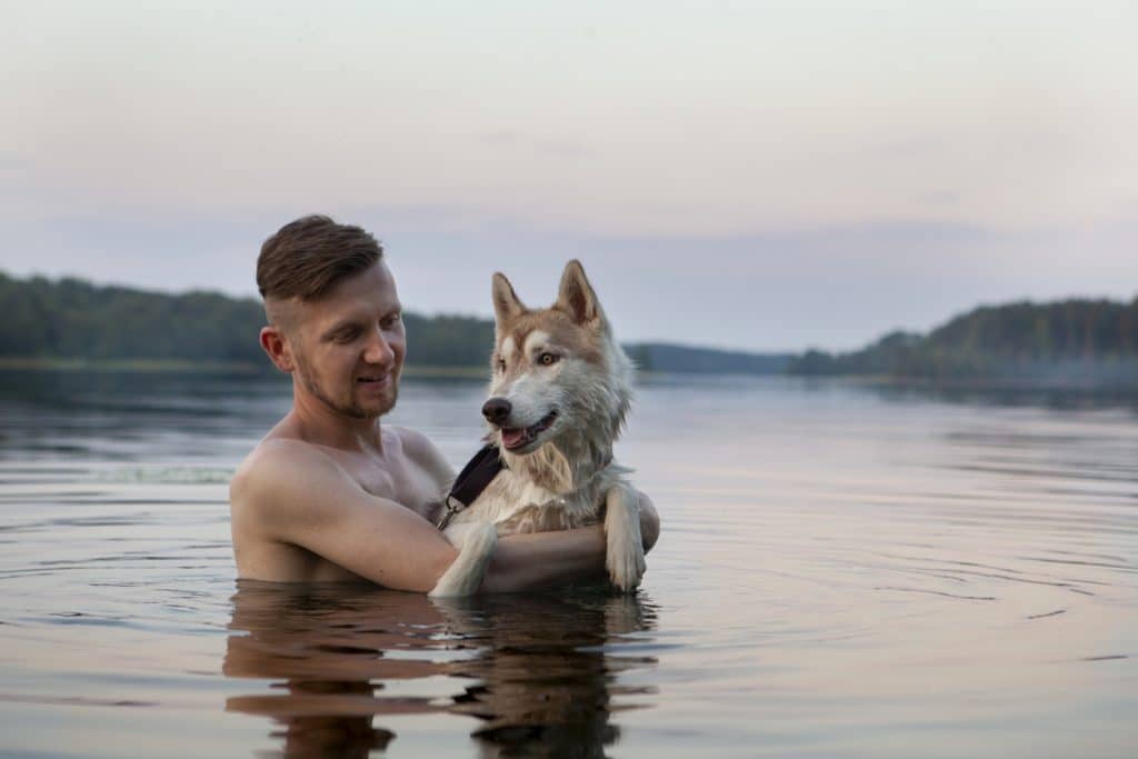 A man teaches a puppy to swim in a lake