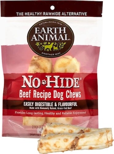 Red and clear bag of no hide dog chews