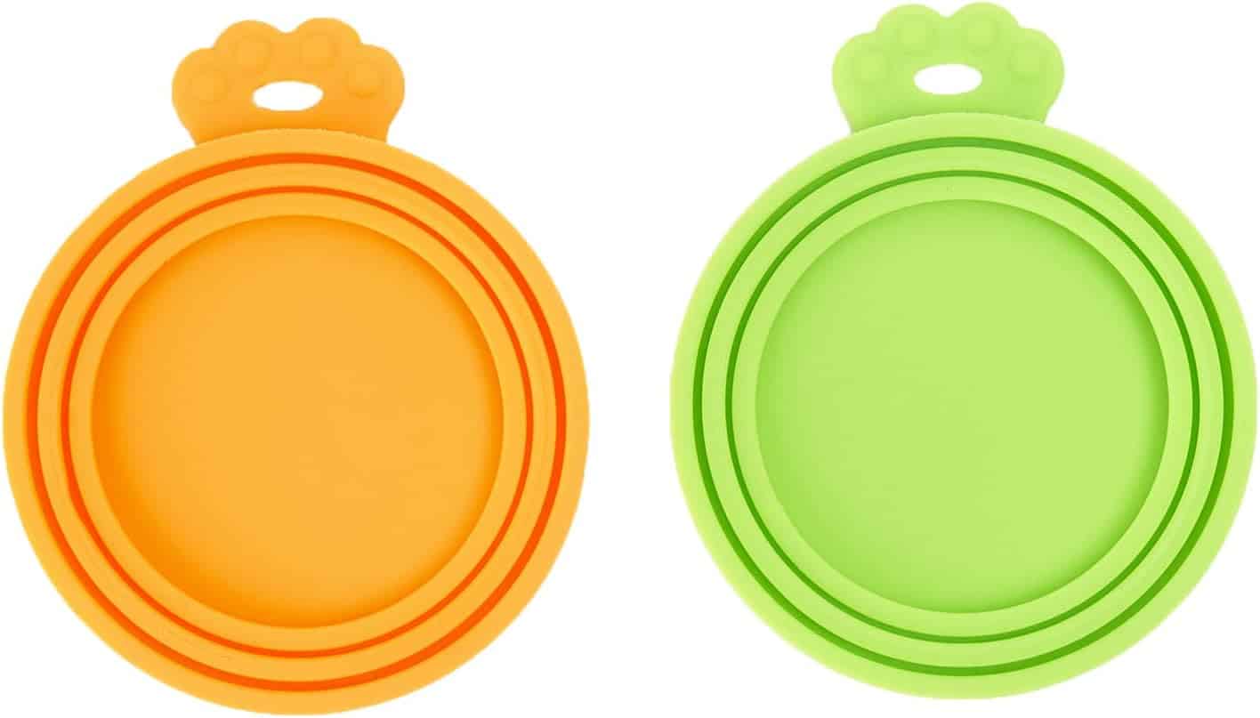 orange and green canned dog food lids