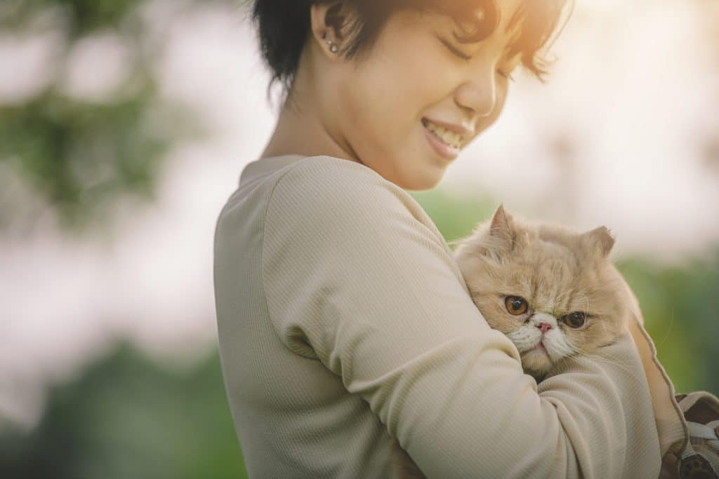 una adolescente china asiática abrazando a su gato en un parque público por la mañana