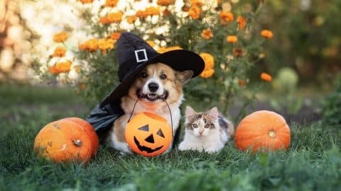 Corgi dog in halloween costume and kitten sitting in yard surrounded by orange pumpkins