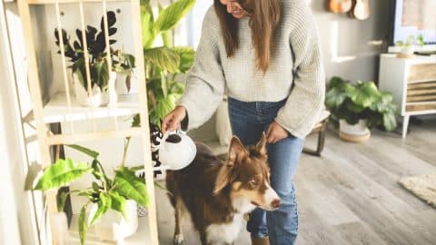 A woman with cute fluffy Australian Shepherd dog at home in living room watering plant