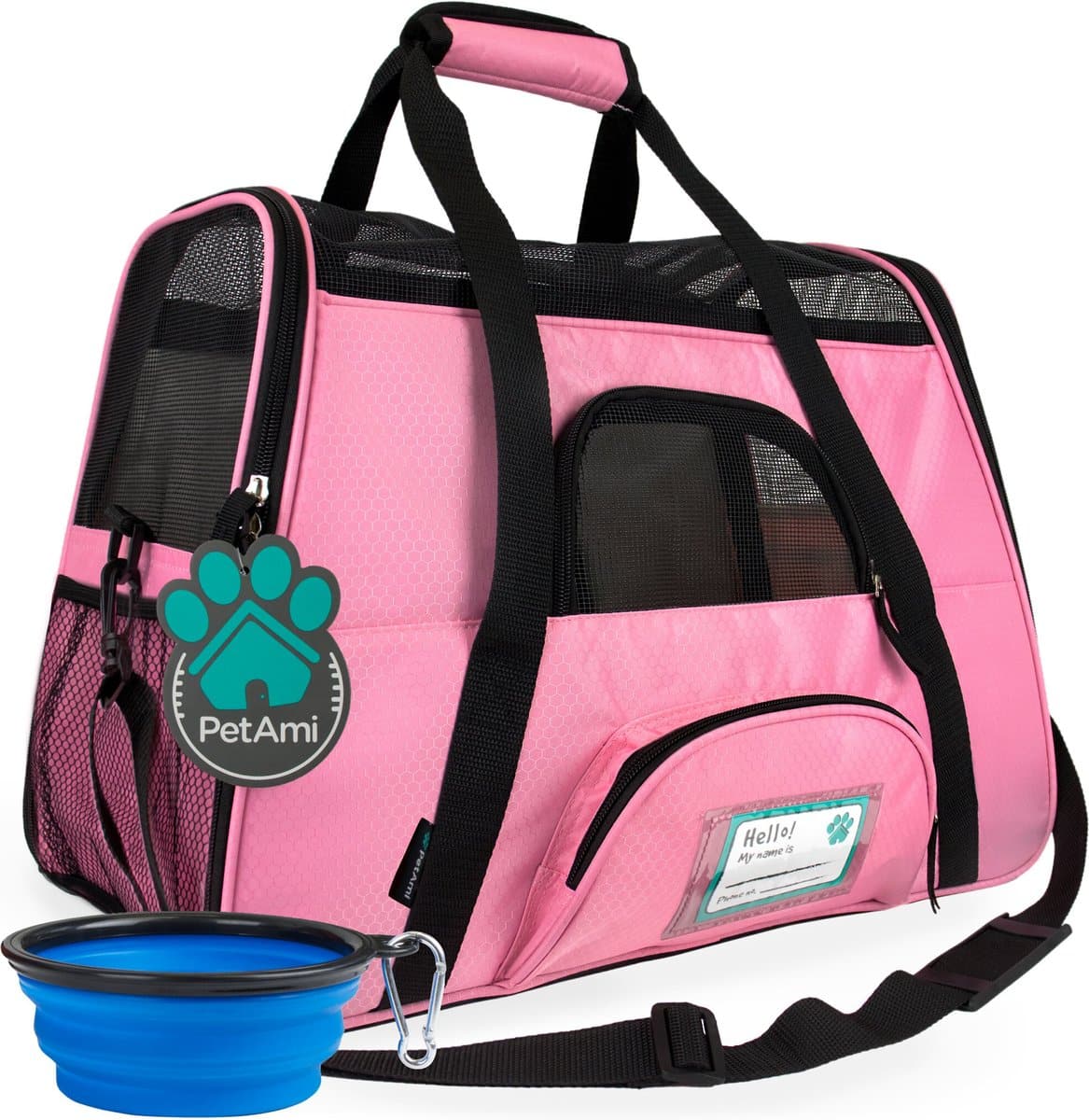 large pink soft-sided carrier with blue travel bowl