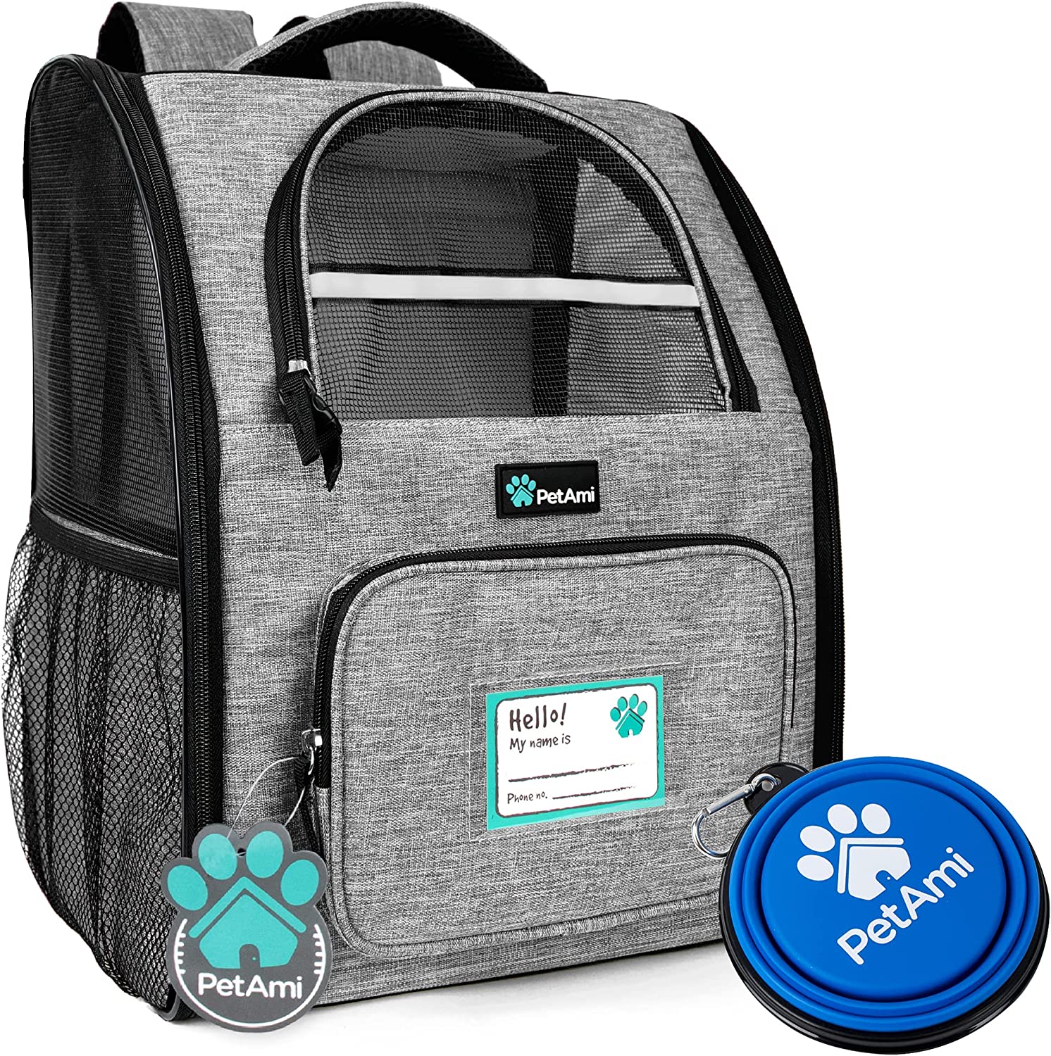 grey pet backpack with front storage pocket