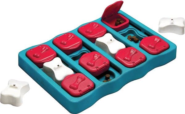 Dog puzzle toy with sliding and removable bricks
