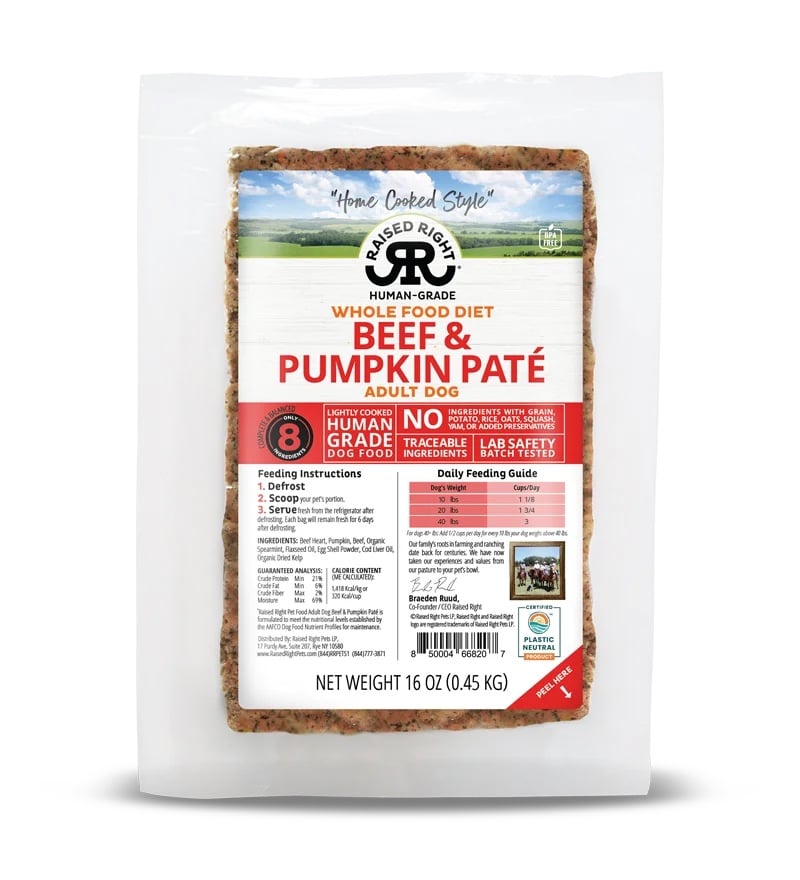 Raised Right dog food in package, beef recipe