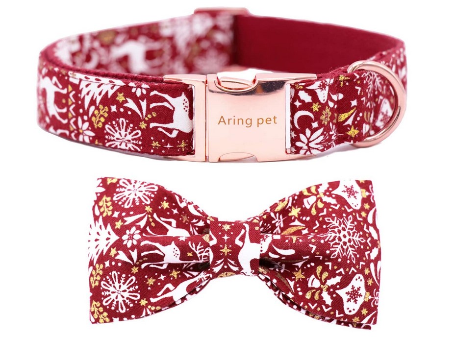 red and white dog collar with reindeer